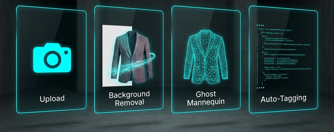 Os quatro passos do cadastro: upload, remoção de fundo, ghost mannequin e auto-tagging