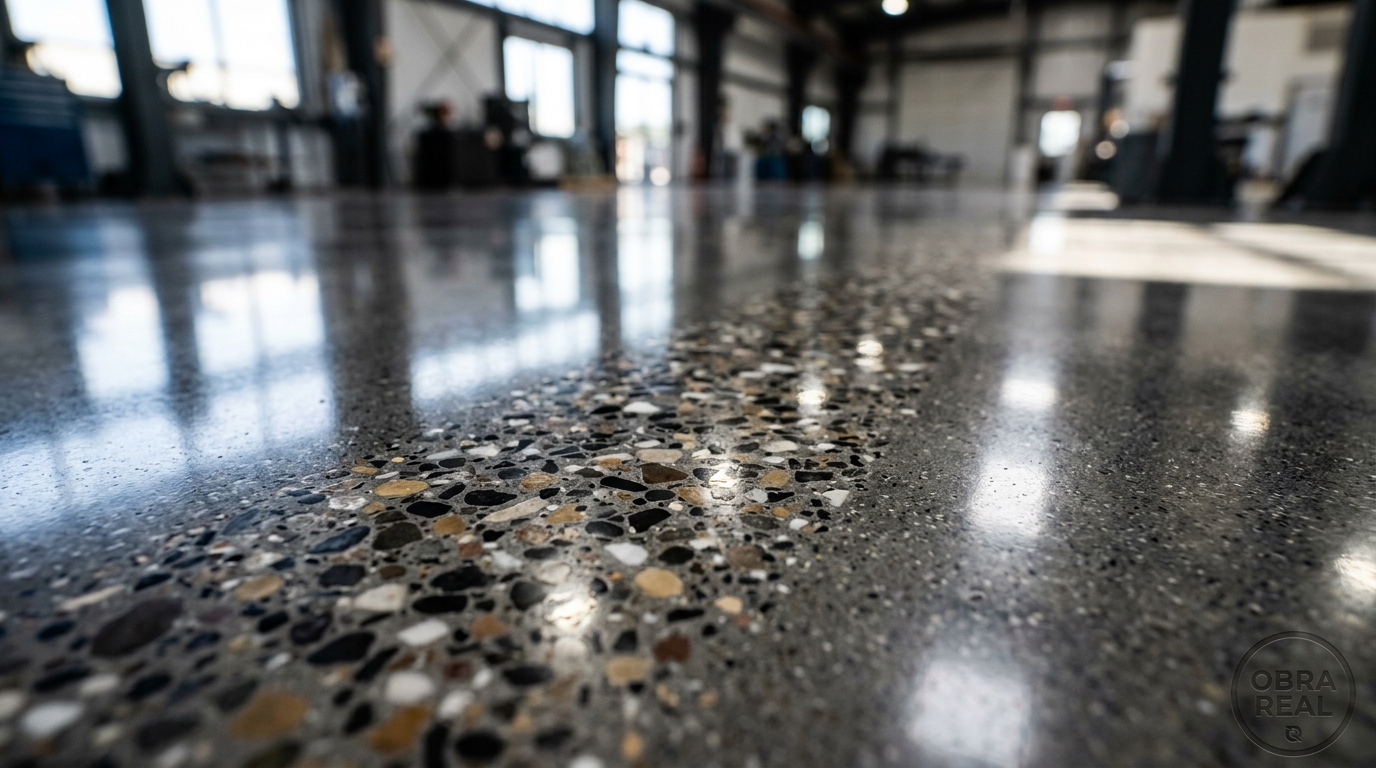 Detalhe de superfície de concreto lapidada — obra real SPP